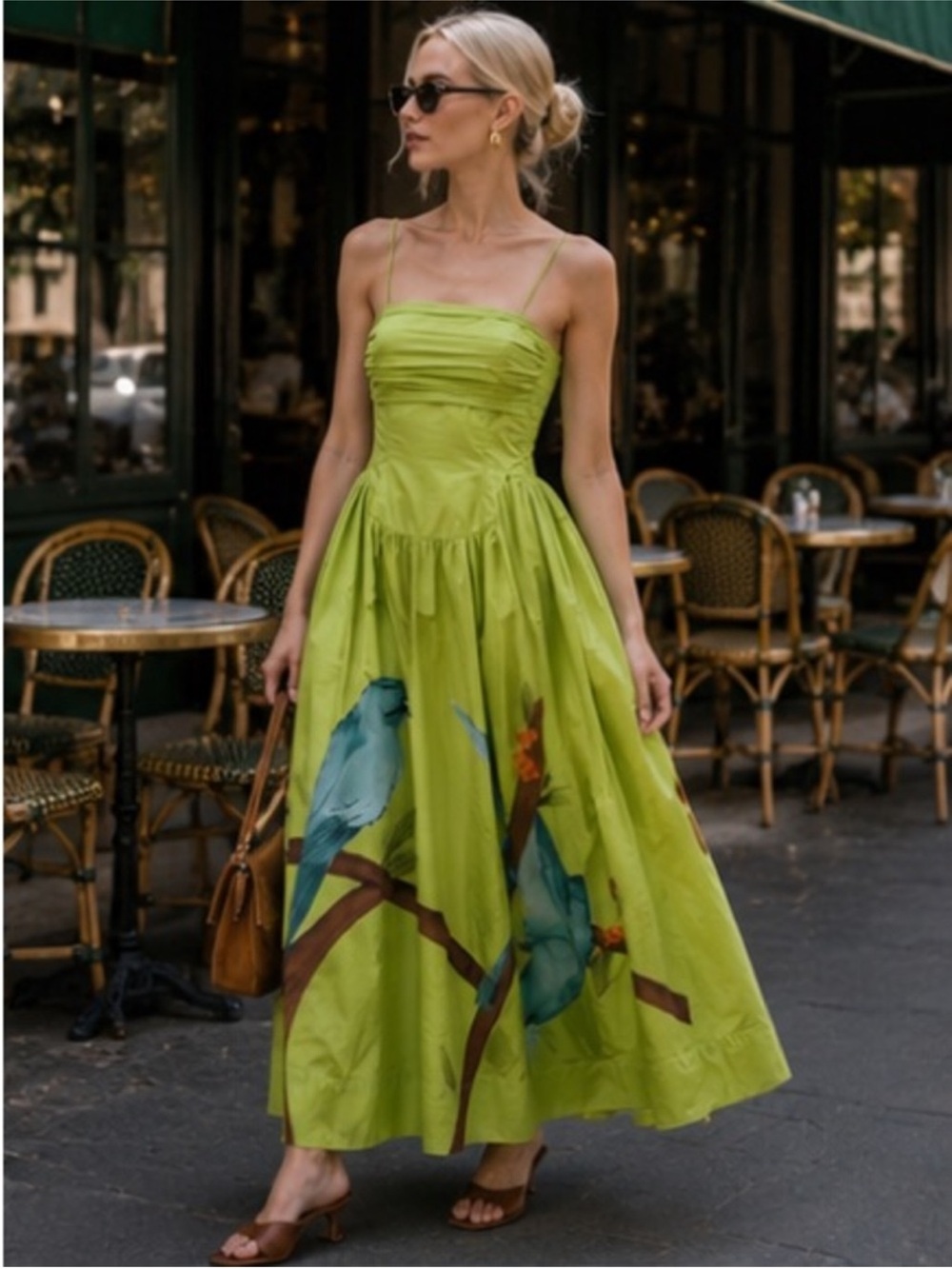 FARM Rio Lime Green Spaghetti Strap Maxi Dress with Blue Bird Print L NWT - Picture 3 of 16
